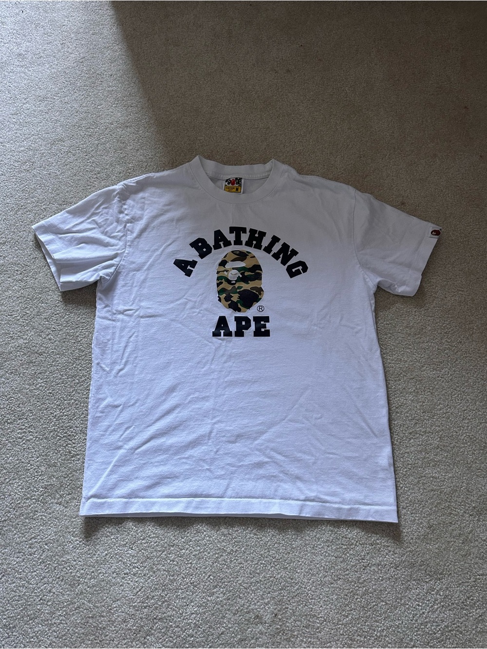 Bape White Tee with Navy Logo and Camo Ape Head